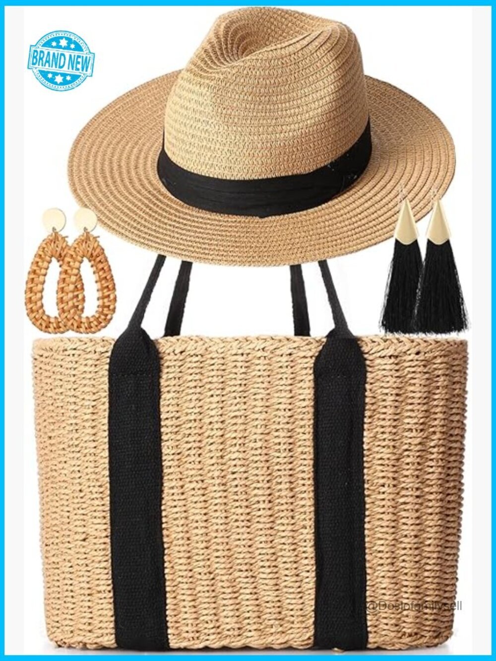 Woven Rattan Straw Bag and Hat Set with Tassel Earrings for Summer Vacation